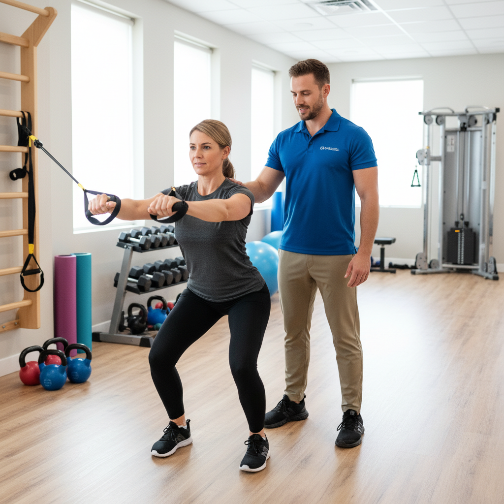 Strength training and rehabilitation exercises in Cheshire physical therapy clinic for athletes and active adults focused on peak performance