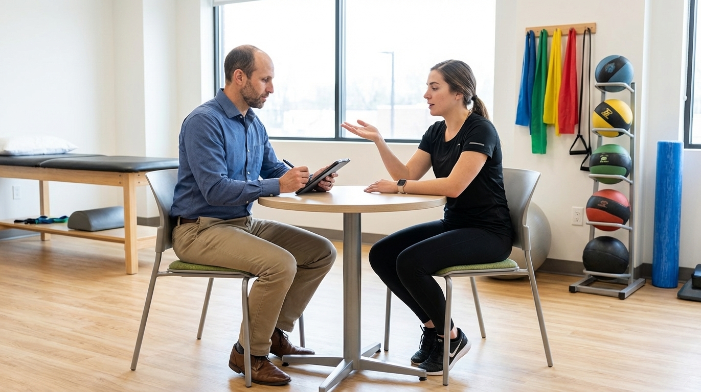  Patient discussing goals with a physical therapist at a performance physical therapy clinic in Cheshire