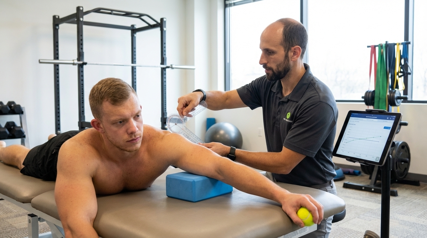 Athletic patient performing strength exercise with therapist guidance at a performance physical therapy clinic in Cheshire